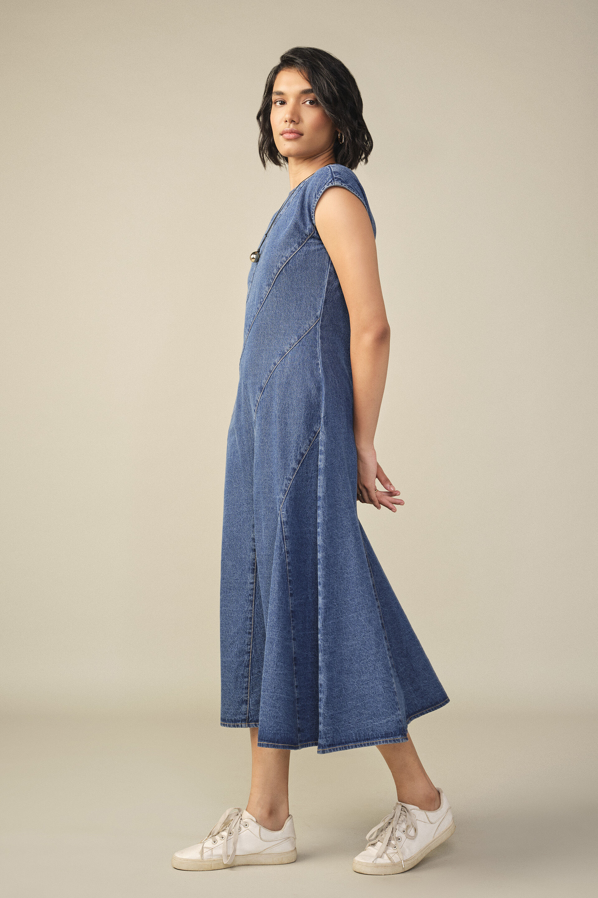 Godet Denim Dress in Blue, Blue, image 5